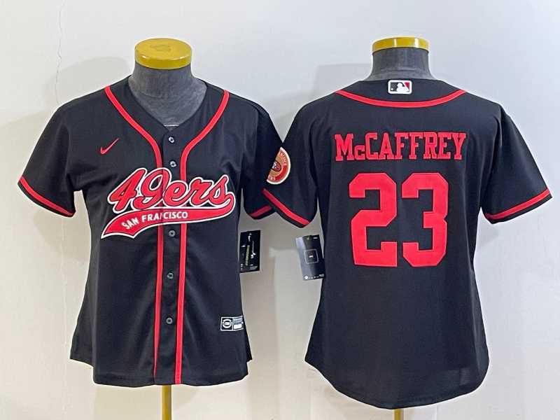 Womens San Francisco 49ers #23 Christian McCaffrey Black With Patch Cool Base Stitched Baseball Jersey